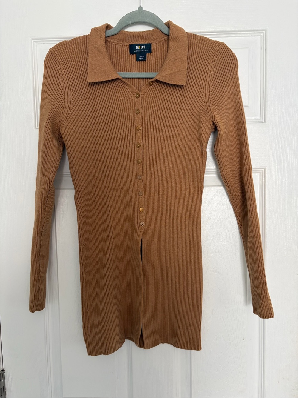 MaEve Anthropologie Long Ribbed Button-Front Sweater in Camel